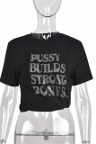 Black Fashion Casual Letter Hot Drilling Patchwork O Neck T-Shirts