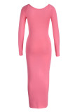 Pink Fashion Sexy Solid Hollowed Out Patchwork Square Collar Long Sleeve Dresses