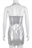 Silver Fashion Sexy Solid Patchwork Backless Halter Sleeveless Dress Dresses