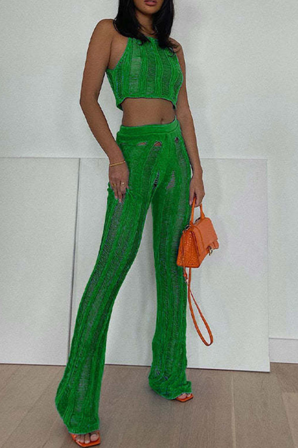 Green Sexy Solid Hollowed Out Patchwork O Neck Sleeveless Two Pieces
