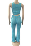 Blue Sexy Solid Hollowed Out Patchwork O Neck Sleeveless Two Pieces