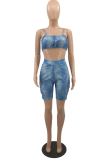 The cowboy blue Sexy Solid Patchwork Square Collar Sleeveless Two Pieces