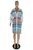 Red Fashion Casual Striped Print Patchwork Shirt Collar Shirt Dress
