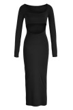 Pink Fashion Sexy Solid Hollowed Out Patchwork Square Collar Long Sleeve Dresses
