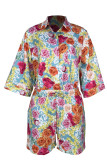 Colour Casual Print Patchwork Buckle Turndown Collar Three Quarter Two Pieces