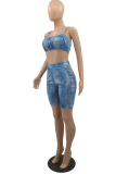 The cowboy blue Sexy Solid Patchwork Square Collar Sleeveless Two Pieces