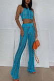 Blue Sexy Solid Hollowed Out Patchwork O Neck Sleeveless Two Pieces