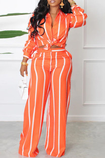 Orange Fashion Casual Striped Print Patchwork Turndown Collar Long Sleeve Two Pieces