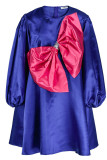 Deep Blue Fashion Casual Patchwork With Bow O Neck Long Sleeve Dresses