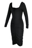 Black Fashion Sexy Solid Fold Square Collar Long Sleeve Dresses