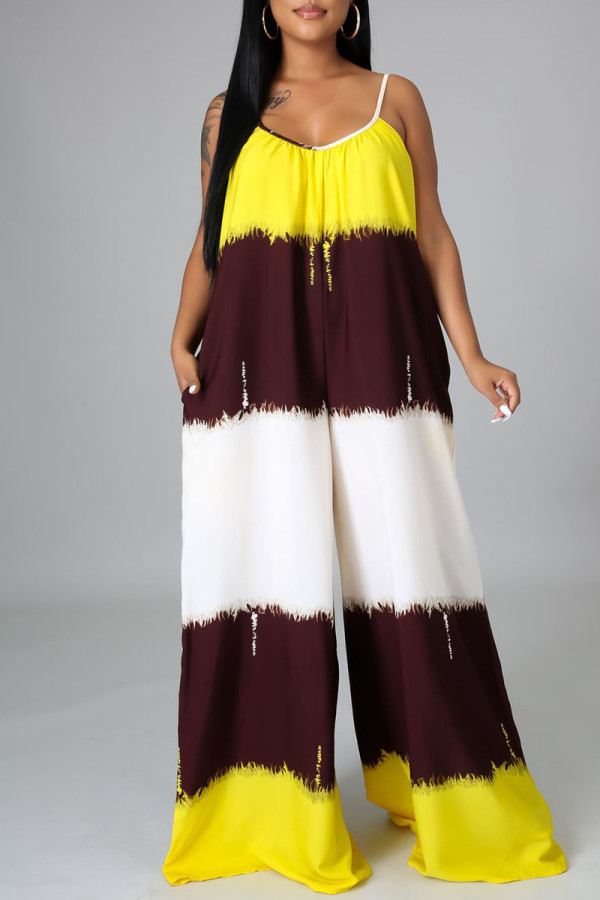 Yellow Casual Tie Dye Patchwork Spaghetti Strap Loose Jumpsuits