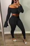 Grey Casual Solid Draw String Off the Shoulder Long Sleeve Two Pieces