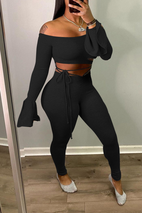 Black Casual Solid Draw String Off the Shoulder Long Sleeve Two Pieces