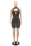 Red Fashion Sexy Patchwork Hot Drilling Hollowed Out Backless Turtleneck Sleeveless Dress