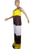 Yellow Casual Tie Dye Patchwork Spaghetti Strap Loose Jumpsuits