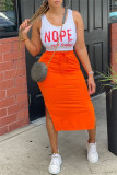 Orange Fashion Casual Letter Print Slit O Neck Sleeveless Two Pieces