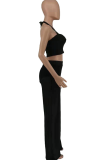 Red Fashion Solid Mesh Halter Sleeveless Two Pieces