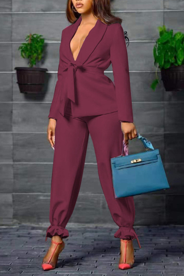 Brown Red Casual Work Solid Patchwork Turn-back Collar Long Sleeve Two Pieces(Contain The Belt)