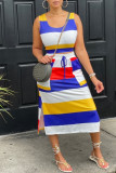 Blue Fashion Casual Striped Print Slit U Neck Sleeveless Two Pieces