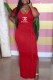Red Fashion Casual Print Slit Letter O Neck One Step Skirt Dresses