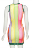 Colour Fashion Sexy Striped Print Patchwork O Neck Sleeveless Dress