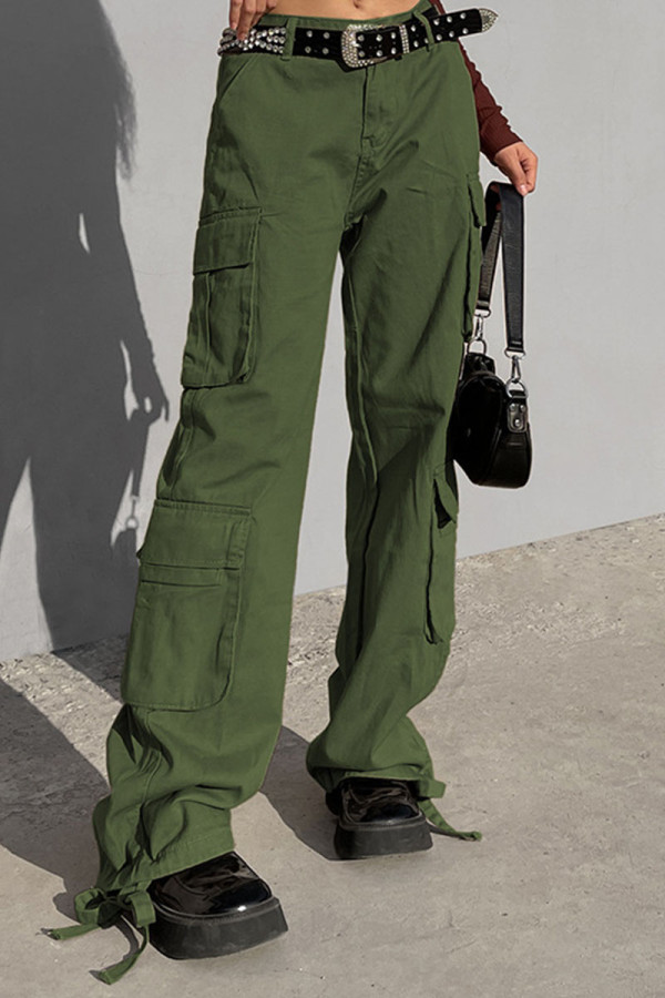 Green Street Solid Patchwork Pocket High Waist Straight Solid Color Bottoms