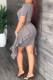 Grey Fashion Elegant Letter Print Fold O Neck One Step Skirt Dresses