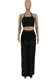 Red Fashion Solid Mesh Halter Sleeveless Two Pieces