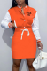 Tangerine Red Fashion Print Patchwork Mandarin Collar Waist Skirt Dresses