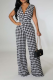Black Fashion Plaid Patchwork V Neck Straight Jumpsuits