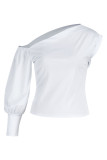 White Fashion Casual Solid Patchwork Asymmetrical Oblique Collar Tops