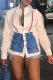 White Casual Print Patchwork Turndown Collar Tops