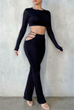 Black Sexy Casual Solid Hollowed Out O Neck Long Sleeve Two Pieces