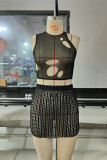 Black Fashion Sexy Solid Hollowed Out See-through O Neck Sleeveless Two Pieces