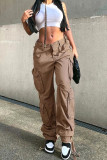 Grey Street Solid Patchwork Pocket High Waist Straight Solid Color Bottoms