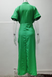 Green Casual Solid Patchwork Buckle Fold Turndown Collar Shirt Dress Dresses