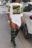 White Fashion Casual Letter Print Patchwork O Neck T-shirt Dress