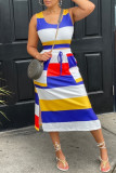 Blue Fashion Casual Striped Print Slit U Neck Sleeveless Two Pieces