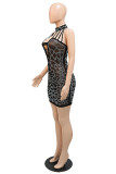 Red Fashion Sexy Patchwork Hot Drilling Hollowed Out Backless Turtleneck Sleeveless Dress