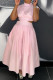 Pink Fashion Casual Solid Hollowed Out Turtleneck Sleeveless Dress