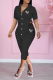 Black Fashion Print Patchwork Turndown Collar Short Sleeve Two Pieces