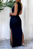 Black Sexy Casual Solid Backless Slit Oblique Collar Long Dress