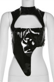 Red Fashion Sexy Solid Hollowed Out Patchwork Backless Cross Straps Asymmetrical Turtleneck Tops