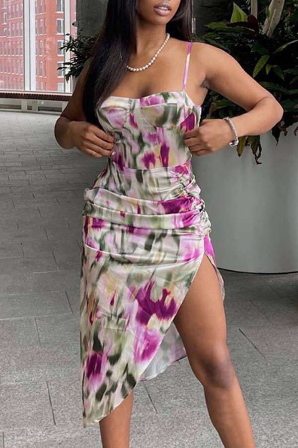 Purple Sexy Print Patchwork Asymmetrical Spaghetti Strap Dresses