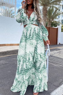 Green Casual Vacation Print Hollowed Out Patchwork V Neck Straight Dresses