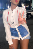 White Casual Print Patchwork Turndown Collar Tops