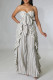 Grey Sexy Striped Print Patchwork Flounce Strapless Sleeveless Two Pieces