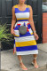 Blue Fashion Casual Striped Print Slit U Neck Sleeveless Two Pieces