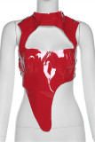 Red Fashion Sexy Solid Hollowed Out Patchwork Backless Cross Straps Asymmetrical Turtleneck Tops