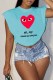 Light Blue Fashion Casual Print Letter O Neck T-Shirts